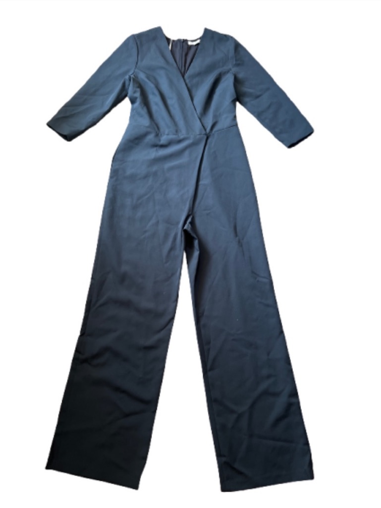 Kay Unger Chic Navy Blue Wrap-Front 3/4 Sleeve Wide-Leg Jumpsuit -Pockets
